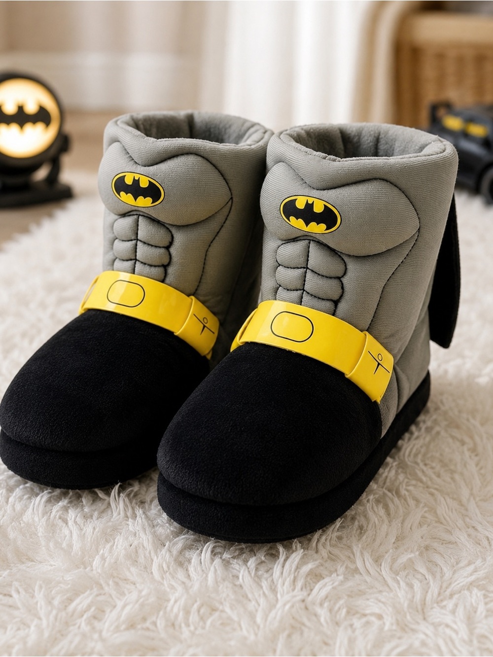 Batman Toddler Boot Slippers With Cape in Gray, Black & Yellow Size 5/6